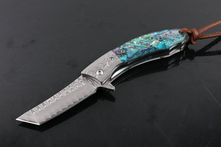 Revenge fighter VG10 Damascus abalone and ebony handle folding knife UD404973